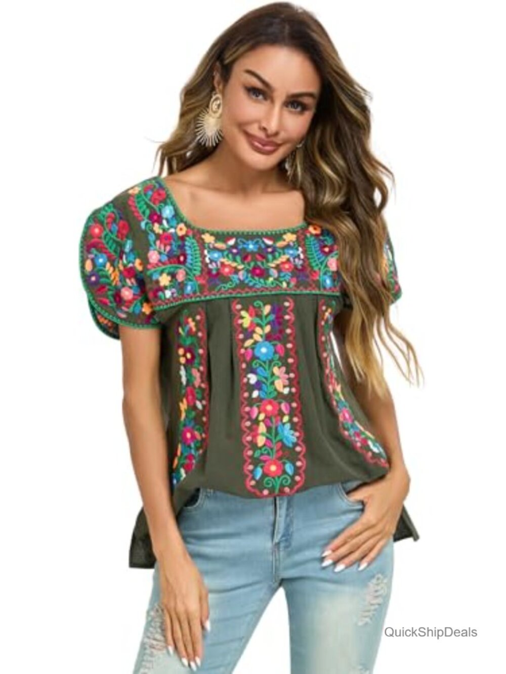 Embroidered Peasant Tunic Top Floral Cotton Blouse Loose Summer